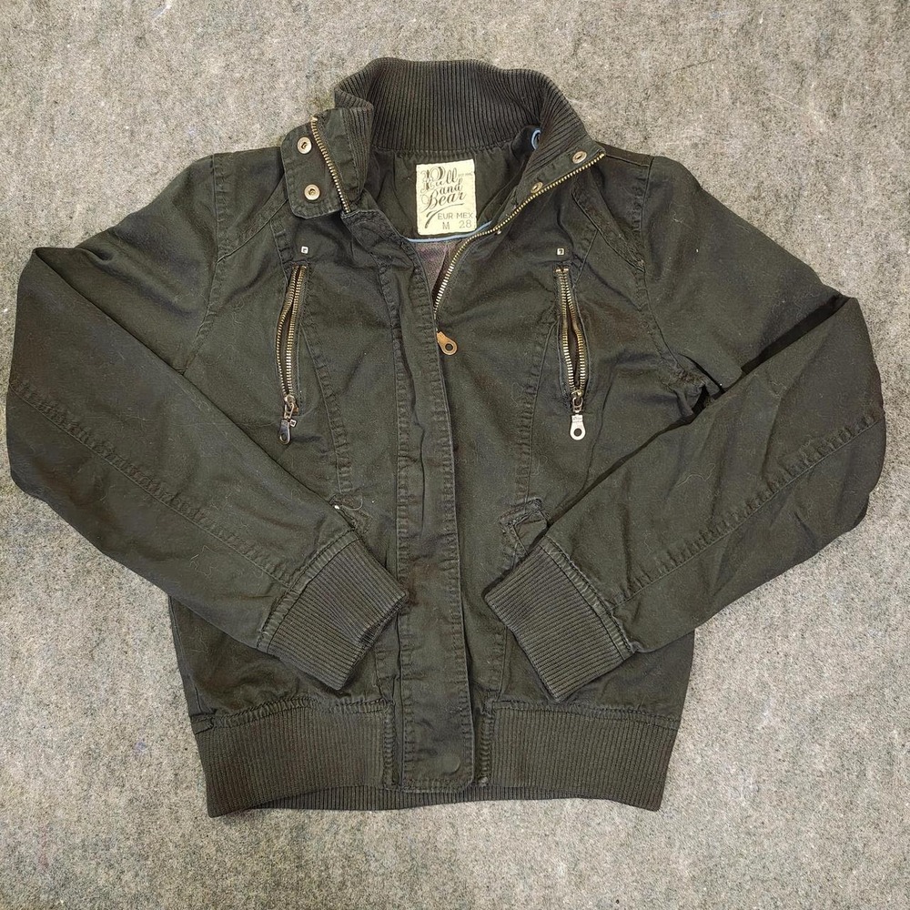 Pull & Bear Womens Dark Olive Utility Moto Bomber Jacket Green Canvas Size M